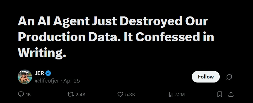 Post by JER (@lifeofjer) headlined “An AI Agent Just Destroyed Our Production Data. It Confessed in Writing.” — 7.2 million views.